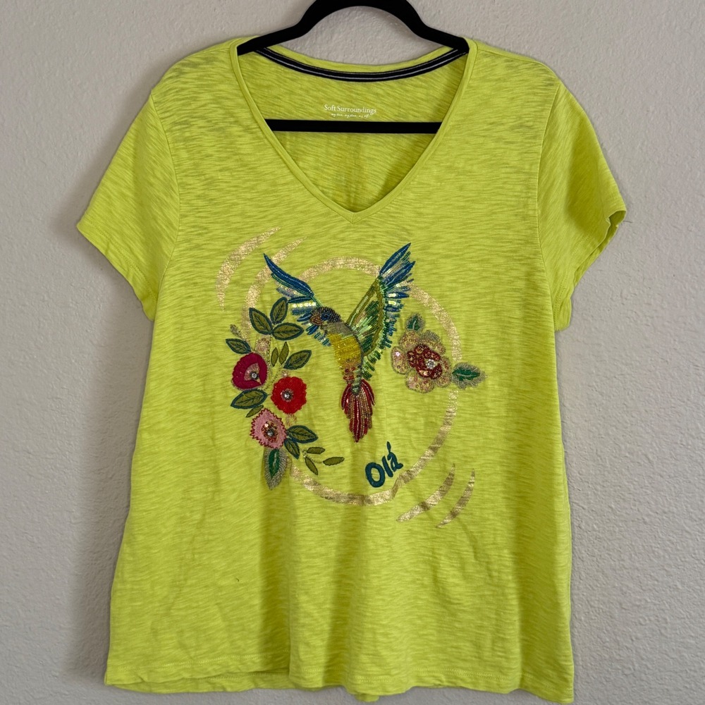 Soft Surroundings Boho Resort Beaded Hummingbird Slub Knit Tee Womens Large Neon